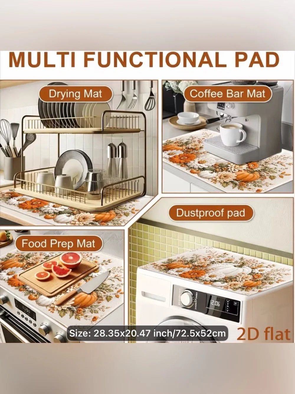 Autumn/Fall Pumpkin Floral Stove Top Protector-Orange/White Size-28.35x20.4 NIB